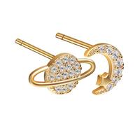 MAGICLULU Boucles D'oreilles Puces Asymétriques en Cuivre, Légères et Originales, Forme Planète et Lune, Design Stylé pour Femme Quotidien