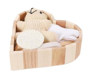 MAGICLULU Coffret Cadeau Moufles et Brosses Bain de Cœur Accessoires en Bois et Coton Lin, Set de Bain 6 Pièces pour Éliminer Poussière et Excès de Sébum pour Maison et Voyage
