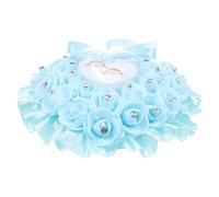 MAGICLULU Coussin D'alliances Mariage Forme de Rose Couleur Bleu Clair, Porte-alliances Décoratif Strass et Rubans, Étui Coussin Léger pour Cérémonie, Boîte à Bague de Cœur, Décoration Fête