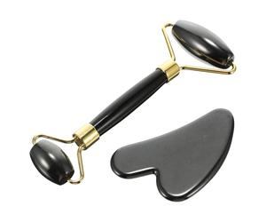 MAGICLULU Kit de Massage Facial Noir 2 Pièces en Pierre, Design Courbé et Méthodes Multiples Massage et Relaxant Visage