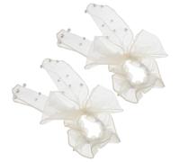 MAGICLULU Lot de 2 Élastiques à Cheveux Beige en Mousseline Organza Nœud à Pois et Perles Pompon, Grand Format, Haute Élasticité, Doux et Polyvalent pour Coiffures Quotidiennes et Fêtes