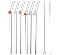 MAGICLULU Lot de 6 Set de Set de Pailles en Verre Incurvées Réutilisables Transparentes avec Breloques Assorties 2 Brosses de Nettoyage, Pailles Cocktail Solide pour Couleur Aléatoire