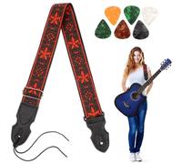 MAGICLULU Sangle de Guitare Réglable en Polyester Motif Floral Brodé Orange, Kit 6 Médiators en Celluloïd 1,2 Mm Épaisseur, Compatible Guitares Acoustiques, Électriques et Couleur Aléatoire
