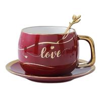 MAGICVOGEL Tasse à café à bord doré avec soucoupe et cuillère - 280 ml - En porcelaine - Tasse à café - Tasse à thé - Tasse à expresso - Tasse à moka européen - Tasse à cappuccino - Tasse de