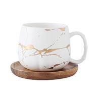 MAGICVOGEL Tasse à café en céramique avec soucoupe - 400 ml - Tasse à expresso - Aspect marbre - Tasse à cappuccino - Pour anniversaire, fête des mères, Saint-Valentin, mariage - Blanc