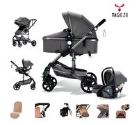 MagicZC bebe Poussette 3 en 1,pour nouveau né,pliable,bébé cosy,combinées,Ceinture de sécurité à 5 points,Avec nacelle,gris