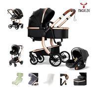 MagicZC Poussettes trio,Matière PU,de luxe cosy,3 en 1,Avec nacelle,Pliage automatique,Dossier réglable,noir