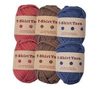 MagiDeal 6 Pièces Fil de T-Shirt Fil à Tricoter 3 Couleurs 6 Pelotes de 100g, 30m, Coton à Tricoter pour Fabrication de Bricolage, Sac, Panier, Couverture, Rouge/Café/Bleu Foncé