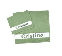 MAGIE DI CASA Serviettes PERSONNALISÉES AVEC NOM, Lot de 2 Serviettes de Bain en Éponge, Visage + Invité en Coton 100% Fabriqué en Italie (VERT SAUGE, NOM)
