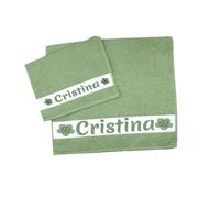 MAGIE DI CASA Serviettes PERSONNALISÉES AVEC NOM, Lot de 2 Serviettes de Bain en Éponge, Visage + Invité Coton 100% Fabriqué en Italie (VERT SAUGE, FLEUR)