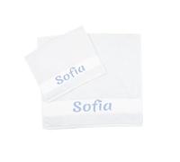 MAGIE DI CASA Serviettes PERSONNALISÉES AVEC NOM, Lot de 2 Serviettes en Éponge de Bain en Éponge, Visage + Invité en Coton 100% Fabriqué en Italie (BLANC, NOM)