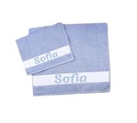 MAGIE DI CASA Serviettes PERSONNALISÉES AVEC NOM, Lot de 2 Serviettes en Éponge de Bain, Visage + Invité en Coton 100% Fabriqué en Italie (BLEU CIEL, NOM)