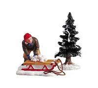 Magie di Natale Garçon Préparant Des Boules de Neige sur Un Traîneau Personnage pour Village de Noël en polyrésine