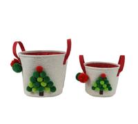 Magie di Natale Panier de Noël rond avec poignées en polyester avec Pom Pom, lot de 2