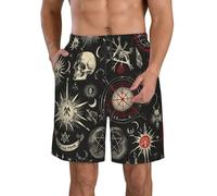 Magie Occulte Alchimique du Crâne, Géométrie Sacrée, Noir Homme Maillot De Bain Séchage Rapide Short De Bain Long Shorts De Sport pour Plage Natation Course À Pied L