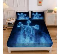 Magie Simplicité Drap Housse Microfibre Squelette Haltères Draps Housses Doux Élastique 180x200 cm Drap de Lit Ajusté 30cm Profonde pour Matelas Epais sans Plis Bleu