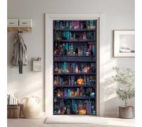 Magie Sorcière Effet 3D Sticker Porte, Fantôme Crâne Citrouille Papier Autocollant Porte Mural Décoration, Bibliothèque Vintage Stickers Muraux Amovible PVC 77x200 cm 5Yl332