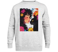 MAGITONE Amour Fantaisiste Entre Une Fillette Aux Fleurs Et Un Chat Noir Pull Gris Unisexe Ras du Cou sans Sexe Unisex Grey Jumper Genderless Crewneck