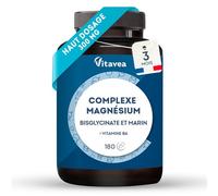 Magnésium bisglycinate et marin, vitamine B6 - Haut dosage 300 mg - Fatigue, stress, sommeil - 180 gélules végétales, 3 mois - Haute assimilation, bonne tolérance - Vegan, Fabriqué en France - Vitavea