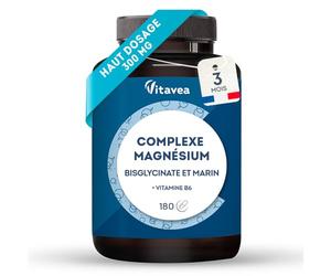 Magnésium bisglycinate et marin, vitamine B6 - Haut dosage 300 mg - Fatigue, stress, sommeil - 180 gélules végétales, 3 mois - Haute assimilation, bonne tolérance - Vegan, Fabriqué en France - Vitavea