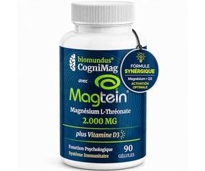 Magnésium L-Thréonate Magtein® 2000 mg biomundus + Vitamine D3 2000 UI par dose - Fonction cérébrale optimale, sommeil, mémoire, système immunitaire, muscles et os - 90 gélules