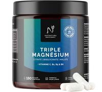 Magnésium Triple 295 mg - Citrate + Malate + Magnesium Bisglycinate | 150 Gélules - Jusqu’à 5 Mois de Cure | Avec Vitamines B1 B5 B6 C | Réduit la Fatigue et Soutient les Muscles | Natnatura