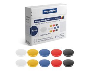 Magnet Basic Series | Lot de 10 aimants colorés pour Tableau magnétique, réfrigérateur + Tableaux Blancs | Ø 32 mm, Force d'adhérence 800 g (7 Feuilles A4) | Revêtement spécial Anti-Rayures |