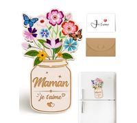 Magnet Cadeau Fete des Meres, Cadeau Maman, Magnet en Bois avec Carte de Vœux et Enveloppe - Maman Je t'aime, pour fête des mères, Noël, Anniversaire