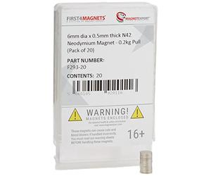 Magnet Expert 6 mm de diamètre x 0.5 mm d'épaisseur N42 Aimant Néodyme - 0.2 kg Pull (paquet de 20), Argent