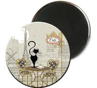 Magnet Rond Paris Tour Eiffel - Motif Chat au Restaurant - Dimension 5,5CM