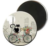 Magnet Rond Paris Tour Eiffel - Motif Chat Cycliste - Dimension 5,5CM
