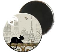 Magnet Rond Paris Tour Eiffel - Motif Chat Dormant sur Une fenêtre - Dimension 5,5CM