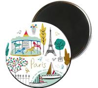 Magnet Rond Paris Tour Eiffel - Motif Tous Les Symboles de Paris et Un manège rétro - Dimension 5,5CM