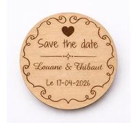 Magnet Save The Date Bois personnalisé - Annonce Date Mariage Originale - Aimant Bois gravé prénoms et Date - Diamètre 7 cm