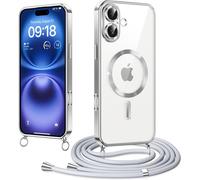 Magnetic Case With Cord For Iphone 16 6.1 Inch, Compatible With Magsafe, Electroplated Magnetic Case With Adjustable Collar Lanyard, Shockproof Case For Iphone 16, Silver