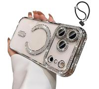 Magnetic Glitter Case for iPhone 17 Pro Max,Clear Bling Rhinestone Sparkly Phone Case with MagSafe Camera Lens Protector, Shockproof TPU Bumper Cover for Women Girls (For iphone 16Pro,Silver)