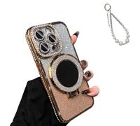 Magnetic Luxury Glitter Case with Makeup Mirror for iPhone 17 16 15, Bling Diamond Rhinestone Case for Women, Built-in Kickstand&Camera Protector, Slim Sparkly Protective Cover (17Air,Gold PRO)