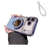 Magnetic Luxury Glitter Case with Makeup Mirror for iPhone 17 16 15, Bling Diamond Rhinestone Case for Women, Built-in Kickstand&Camera Protector, Slim Sparkly Protective Cover (14Pro,Blue PRO)