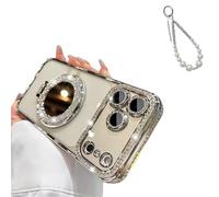 Magnetic Luxury Glitter Case with Makeup Mirror for iPhone 17 16 15, Bling Diamond Rhinestone Case for Women, Built-in Kickstand&Camera Protector, Slim Sparkly Protective Cover (15Promax,Silver)