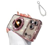Magnetic Luxury Glitter Case with Makeup Mirror for iPhone 17 16 15, Bling Diamond Rhinestone Case for Women, Built-in Kickstand&Camera Protector, Slim Sparkly Protective Cover (14Promax,Pink)