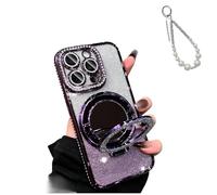 Magnetic Luxury Glitter Case with Makeup Mirror for iPhone 17 16 15, Bling Diamond Rhinestone Case for Women, Built-in Kickstand&Camera Protector, Slim Sparkly Protective Cover (16Pro,Purple PRO)