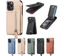 Magnetic Zipper Wallet Cover with Credit Card Holder, Magnetic Flip Cover Leather Phone Case, Leather Phone Case Wallet Stand with RFID Tech for iPhone 14/13/12/11 Promax (Khaki,for iPhone 12 Pro)