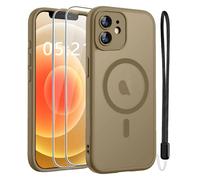 Magnétique Coque pour iPhone 12 avec 2 Verre Trempé et Cordon, Compatible avec MagSafe, [Protection d'objectif Tout Compris] [Antichoc Militaire] Étui Translucide Mat Givrée Housse, Café Brown