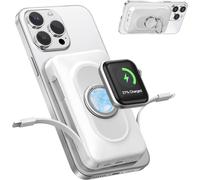 Magnétique Powerbank Avec 2 Câbles,Chargeur Portable 5 En 1 Pour Apple Watch Et Iphone,10000 Mah,Sans Fil,Avec Support Annulaire,Pour Iphone 16/15/14/13/12,Iwatch Ultra/10-1