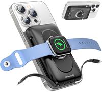 Magnétique Powerbank Avec 2 Câbles,Chargeur Portable 5 En 1 Pour Apple Watch Et Iphone,10000 Mah,Sans Fil,Avec Support Annulaire,Pour Iphone 16/15/14/13/12,Iwatch Ultra/10-1 (Noir)