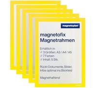 magnetoplan Magnetofix Lot de 5 cadres magnétiques auto-adhésifs A4 - Porte-documents magnétique étanche pour signalisation, cadre magnétique pliable - Jaune