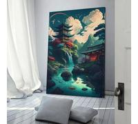 Magnifique affiche japonaise sur toile représentant un village, décoration murale, pour mari, petit ami, petite amie, 60 x 90 cm