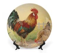 Magnifique assiette décorative en céramique représentant un coq et une poule, ronde, de 20 cm de diamètre, en porcelaine fine, avec support. Idéale pour la cuisine, la salle à manger, une cave à vin