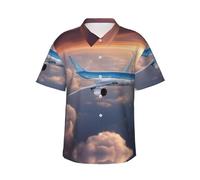 Magnifique chemise hawaïenne à manches courtes pour homme Imprimé avion Sky Chemise décontractée pour la plage Tenues tropicales, noir, Taille S