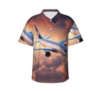 Magnifique chemise hawaïenne à manches courtes pour homme Imprimé avion Sky Chemise décontractée pour la plage Tenues tropicales, Noir/blanc, S